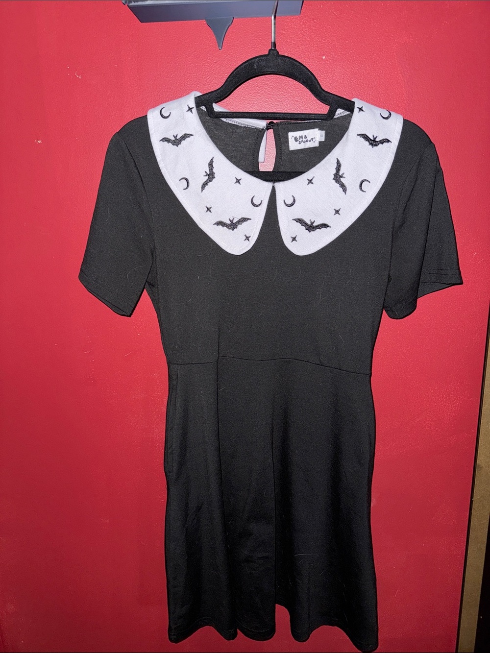 Em & Sprout Black Dress with White Embroidered Peter Pan Collar